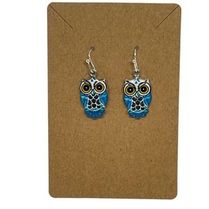 Owl Earrings Blue Dangle Resin - Hypoallergenic
